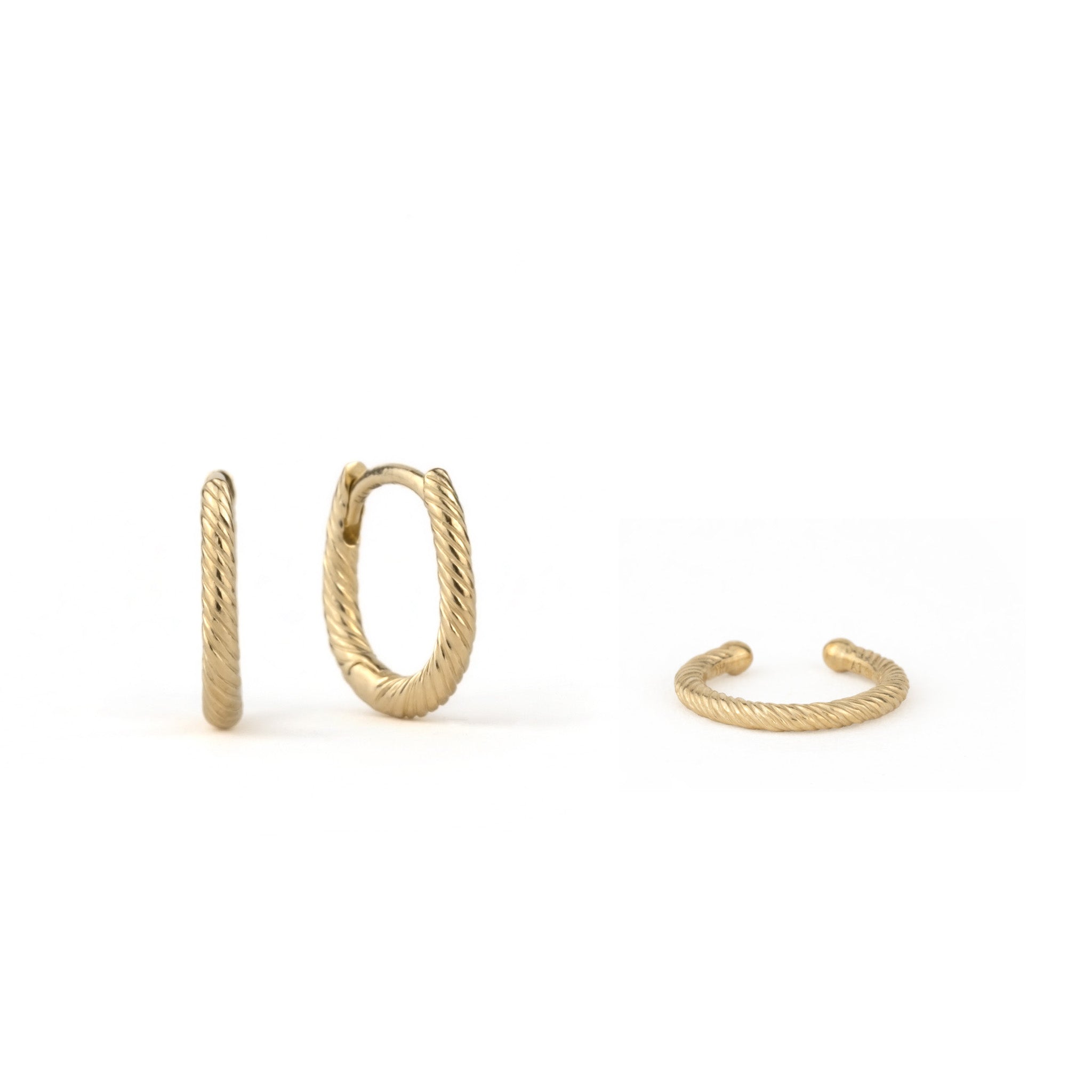 Solid gold huggie hoop earrings and piercing-free ear cuff with twisted texture and minimalist design displayed on a white background.