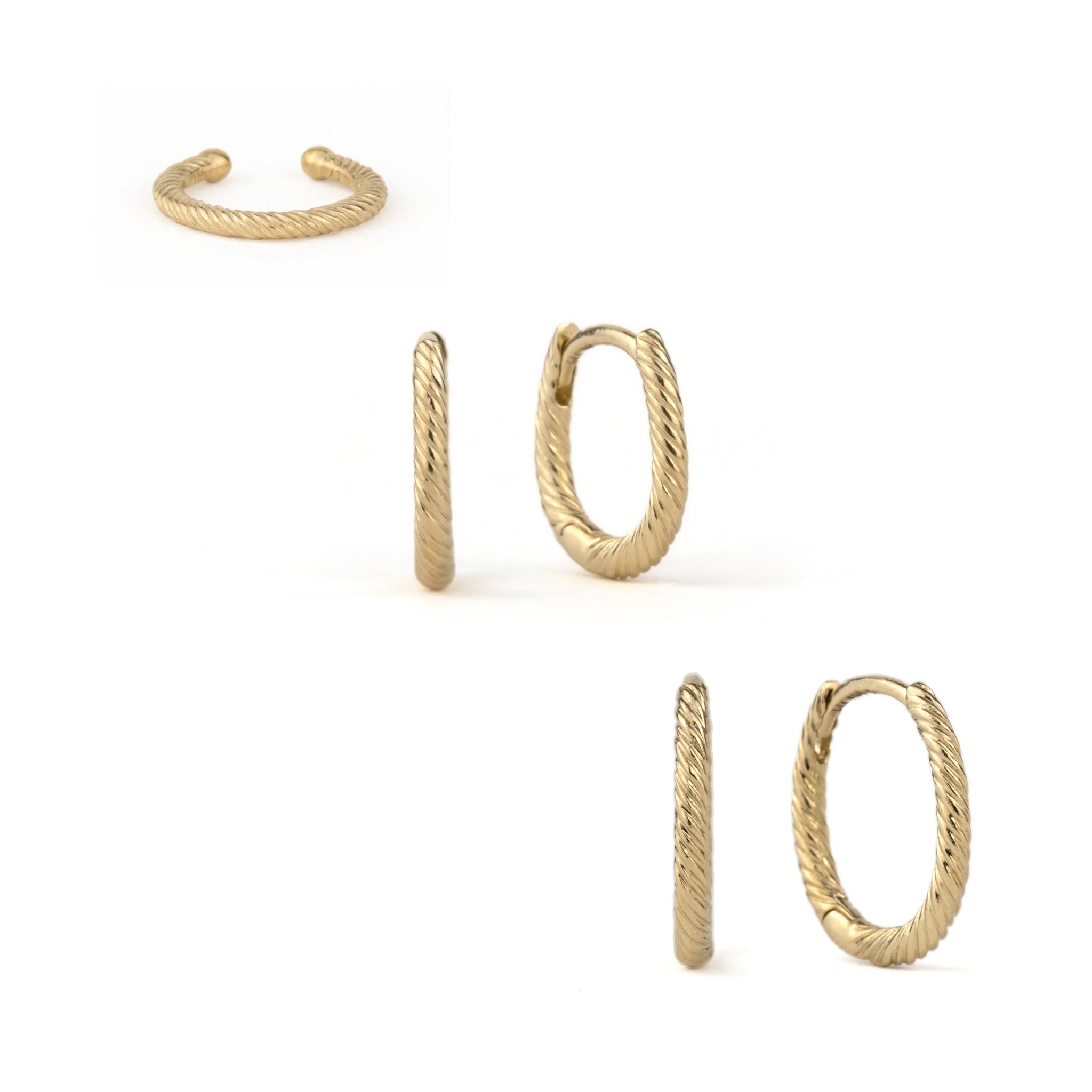 Solid gold ear cuff, huggies, and hoop earrings with twisted texture displayed on white background in a minimalist ear stack