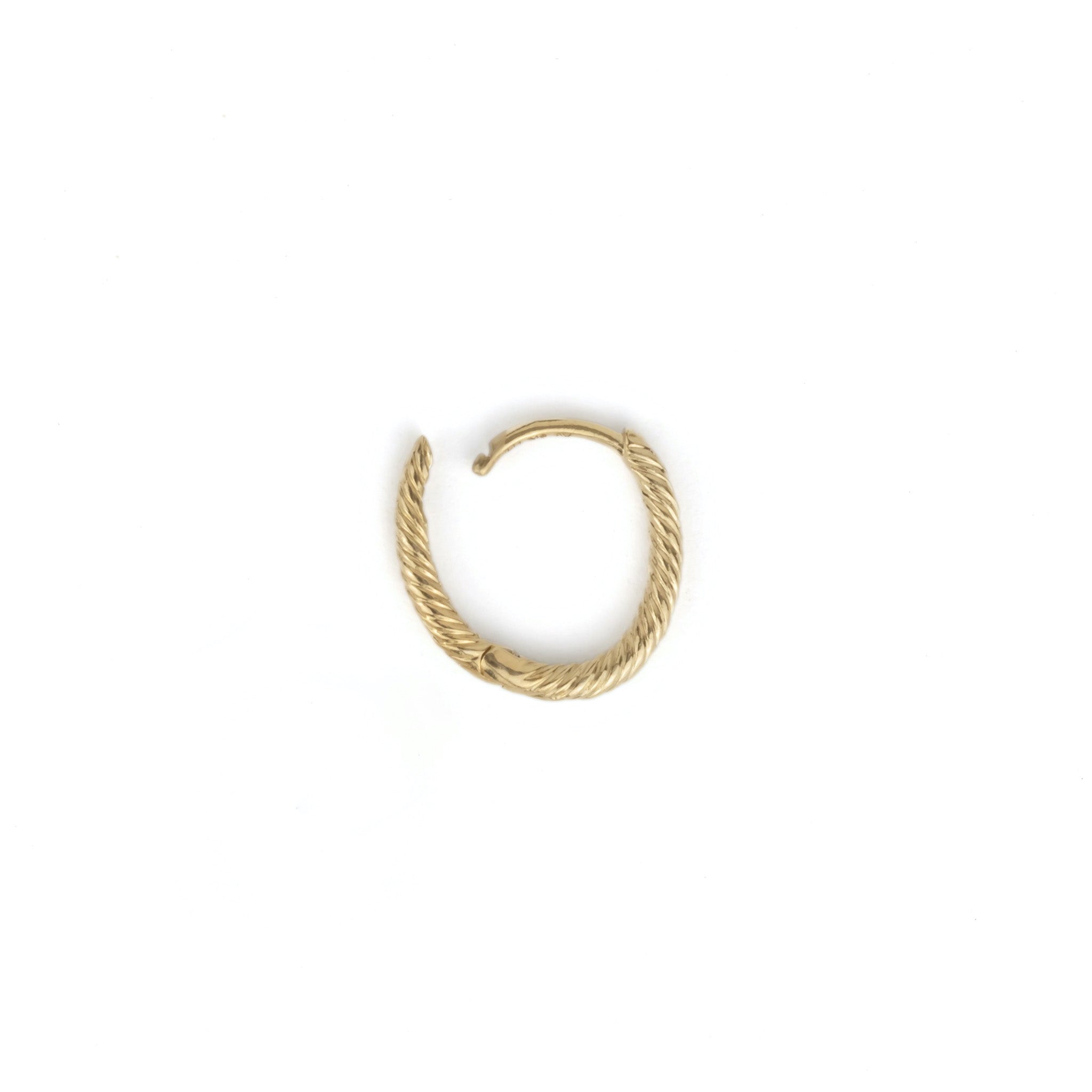 Solid gold single hoop earring with twisted texture shown open, displaying secure hinged-snap closure on white background.