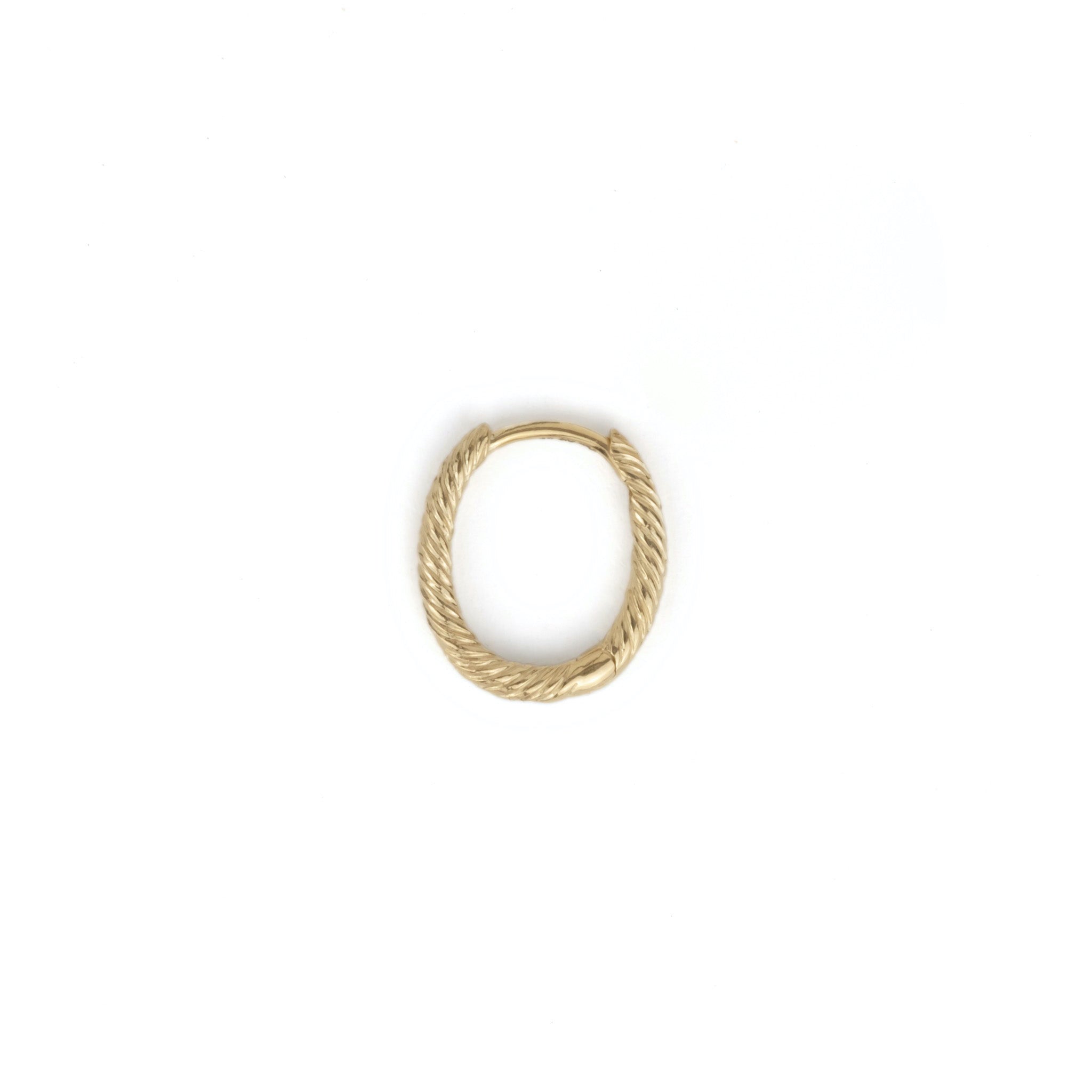 Side view of solid gold single hoop earring with twisted texture and minimalist design, displayed on white background.