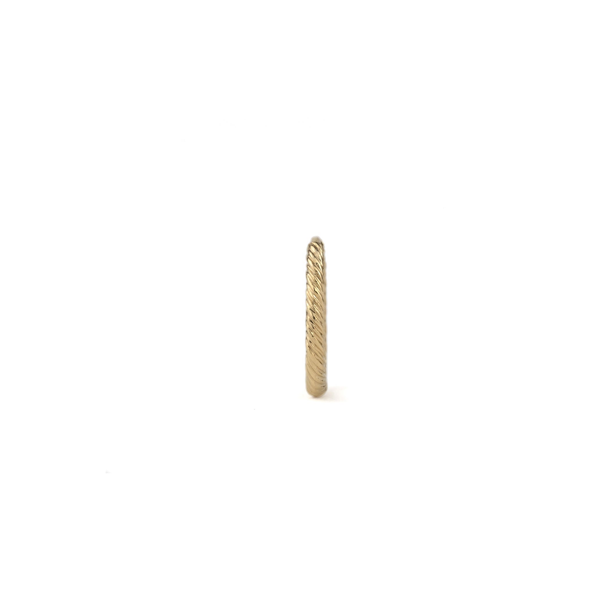Front view of solid gold single hoop earring with twisted texture and minimalist design, displayed on white background.