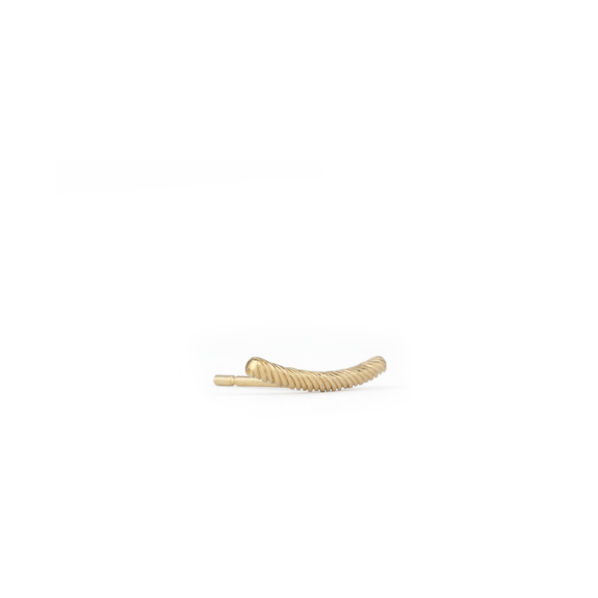 Angled view of single solid gold bar stud earring with twisted texture, displayed on white background.