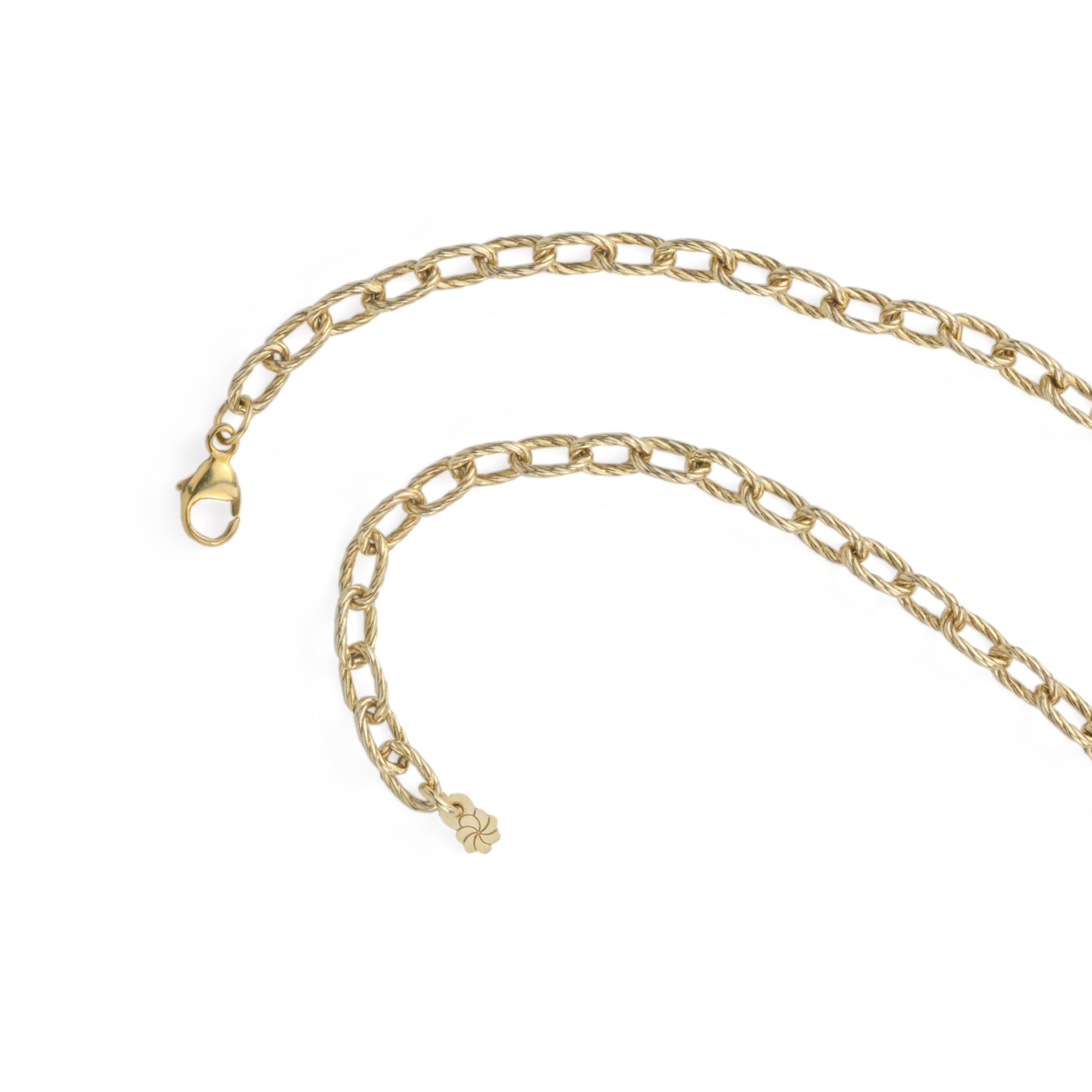 Close-up of solid gold cable chain necklace with twisted texture, showing lobster clasp and adjustable length closure.