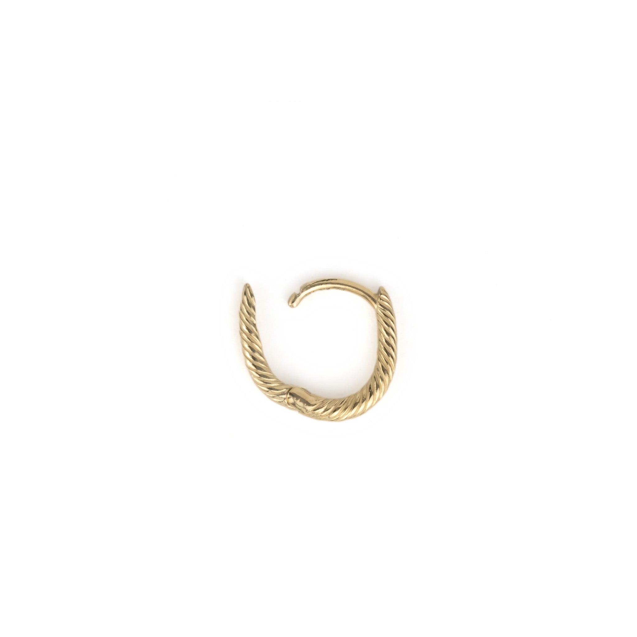 Side view of solid gold huggie earring with twisted texture, shown open with hinged-snap closure on white background.