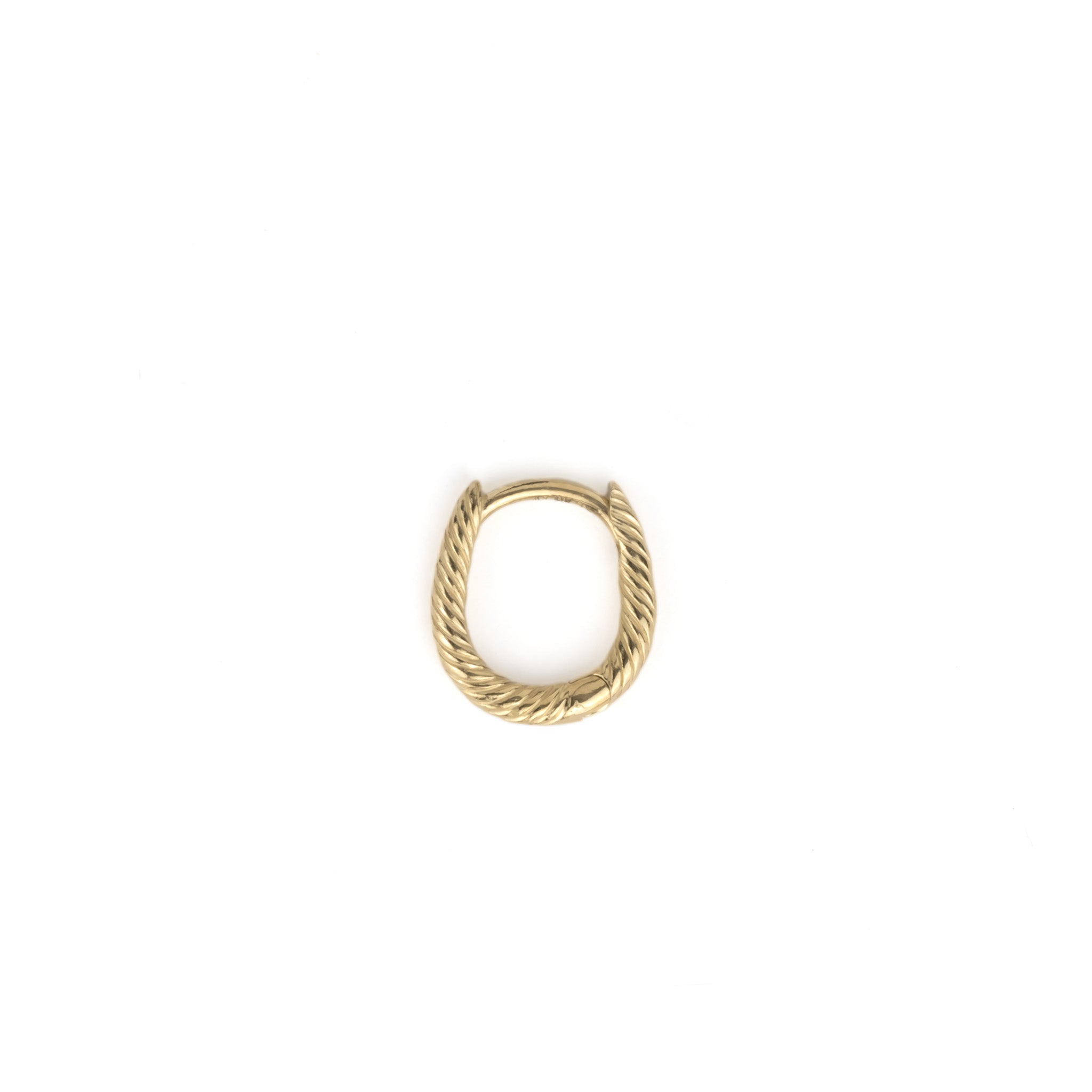 Side view of solid gold huggie hoop earring with twisted texture and oval shape, displayed on white background.
