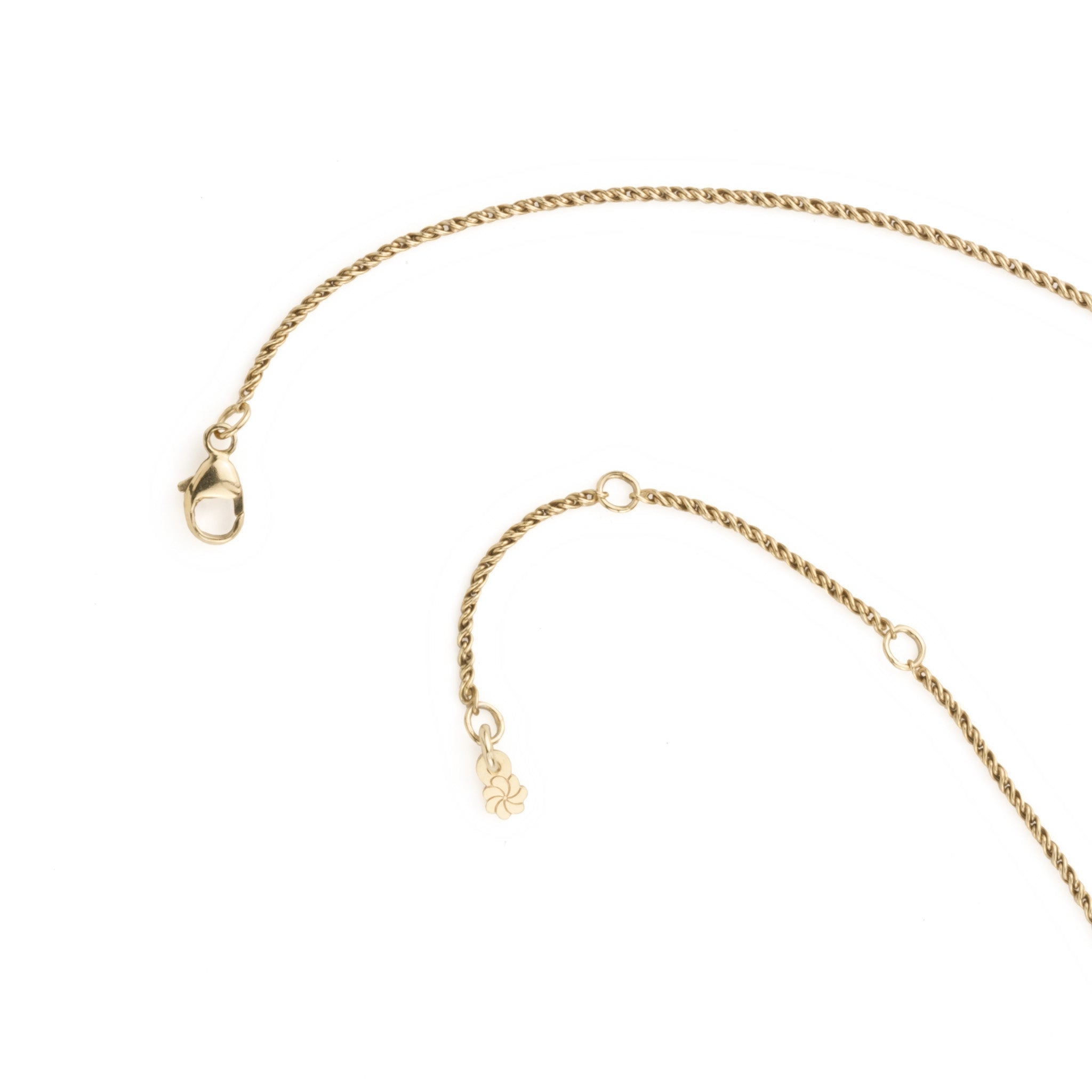 Close-up of solid gold rope chain necklace showing lobster clasp and adjustable length, on white background.