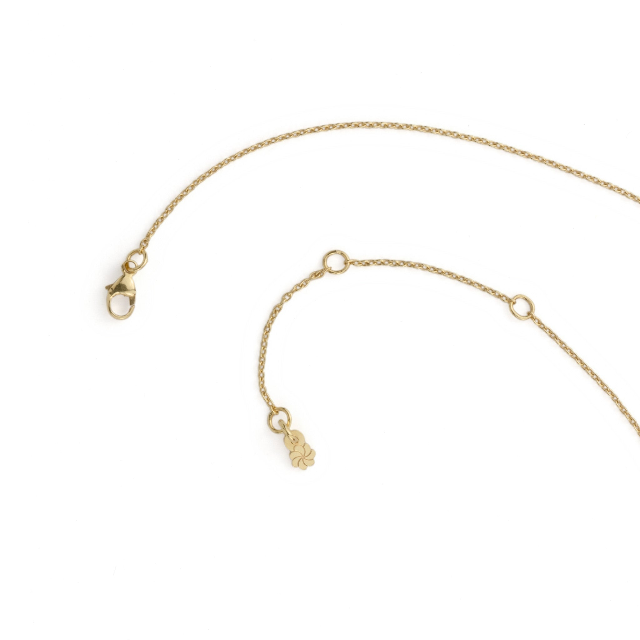 Close-up of lobster clasp on solid gold cable chain necklace, showing adjustable length, displayed against white background.