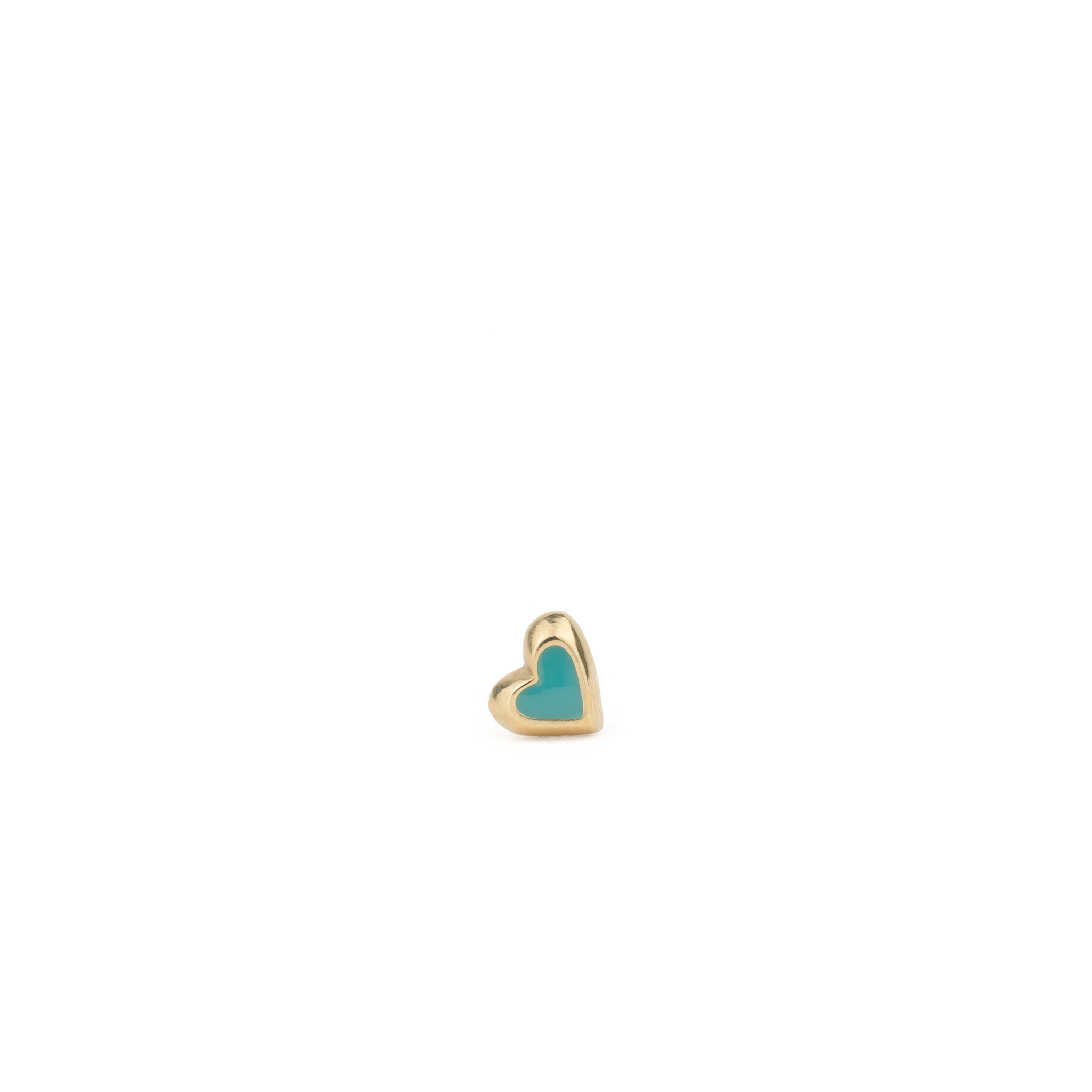 Solid gold tiny heart stud earring with teal enamel, in a minimalist asymmetrical design, displayed on white background.