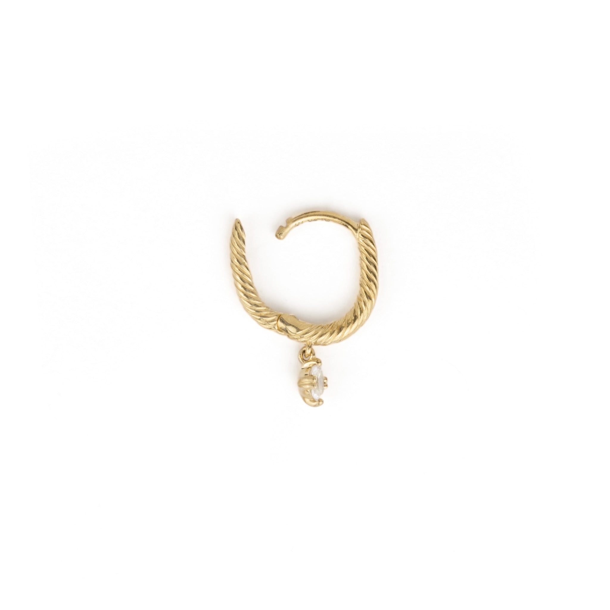 Solid gold huggie hoop earring with twisted texture and dangling oval white sapphire, shown open on white background.