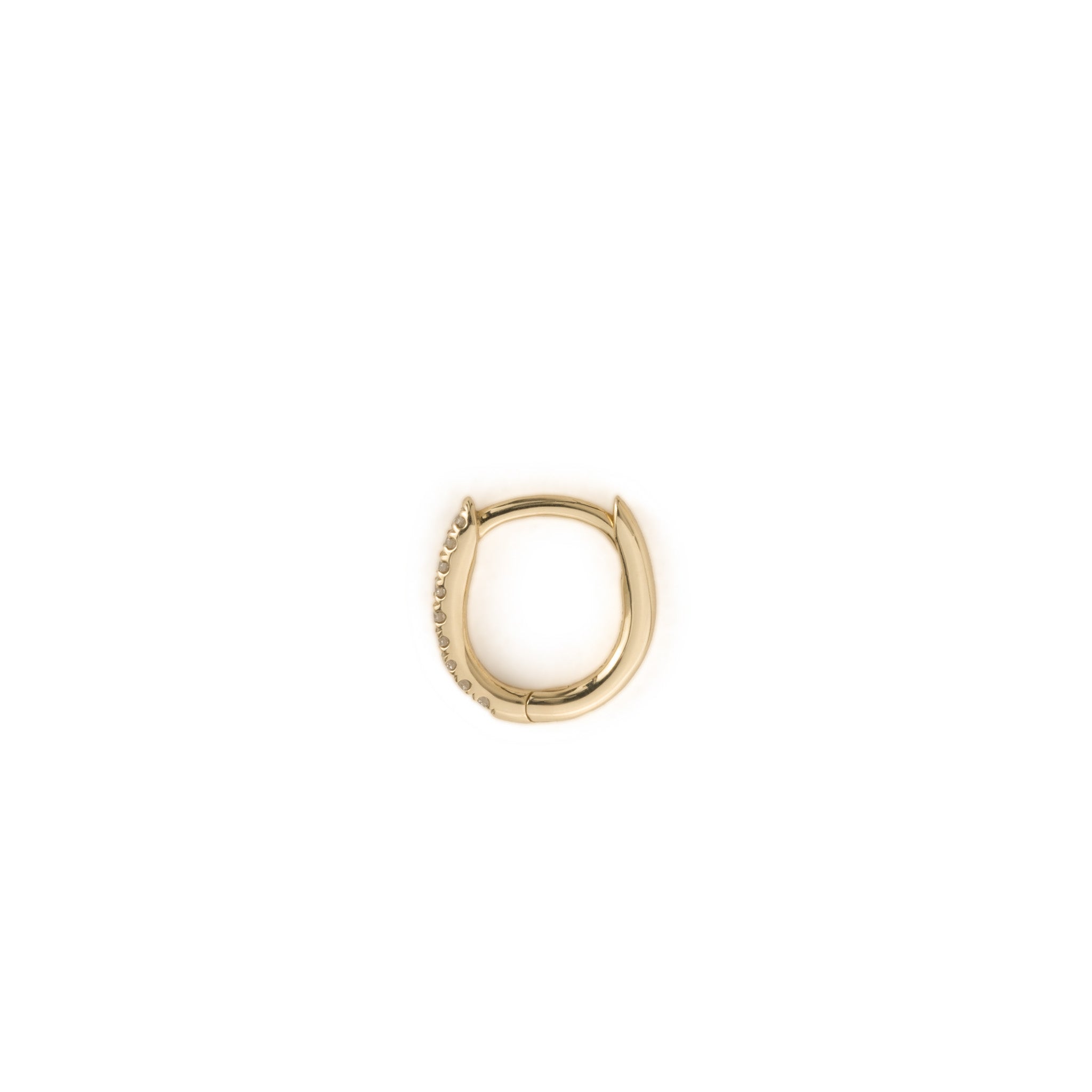 Side view of solid gold huggie hoop earring with split-prong set diamonds, in a minimalist design, on white background.
