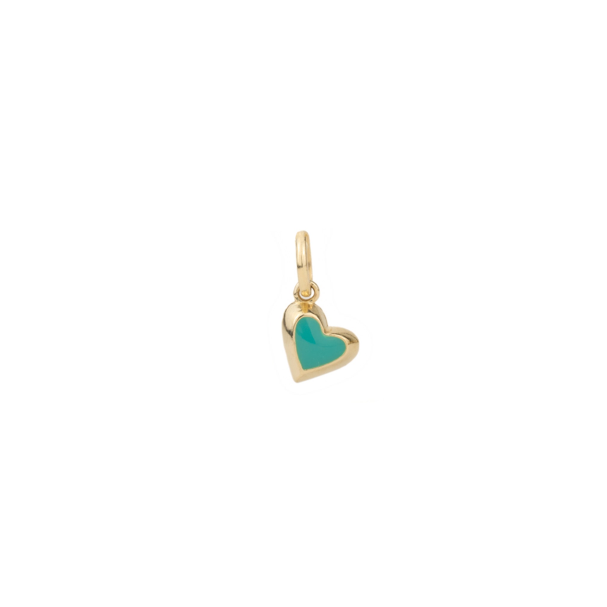 Solid gold tiny heart charm pendant with teal enamel, in a minimalist asymmetrical design, displayed on white background.