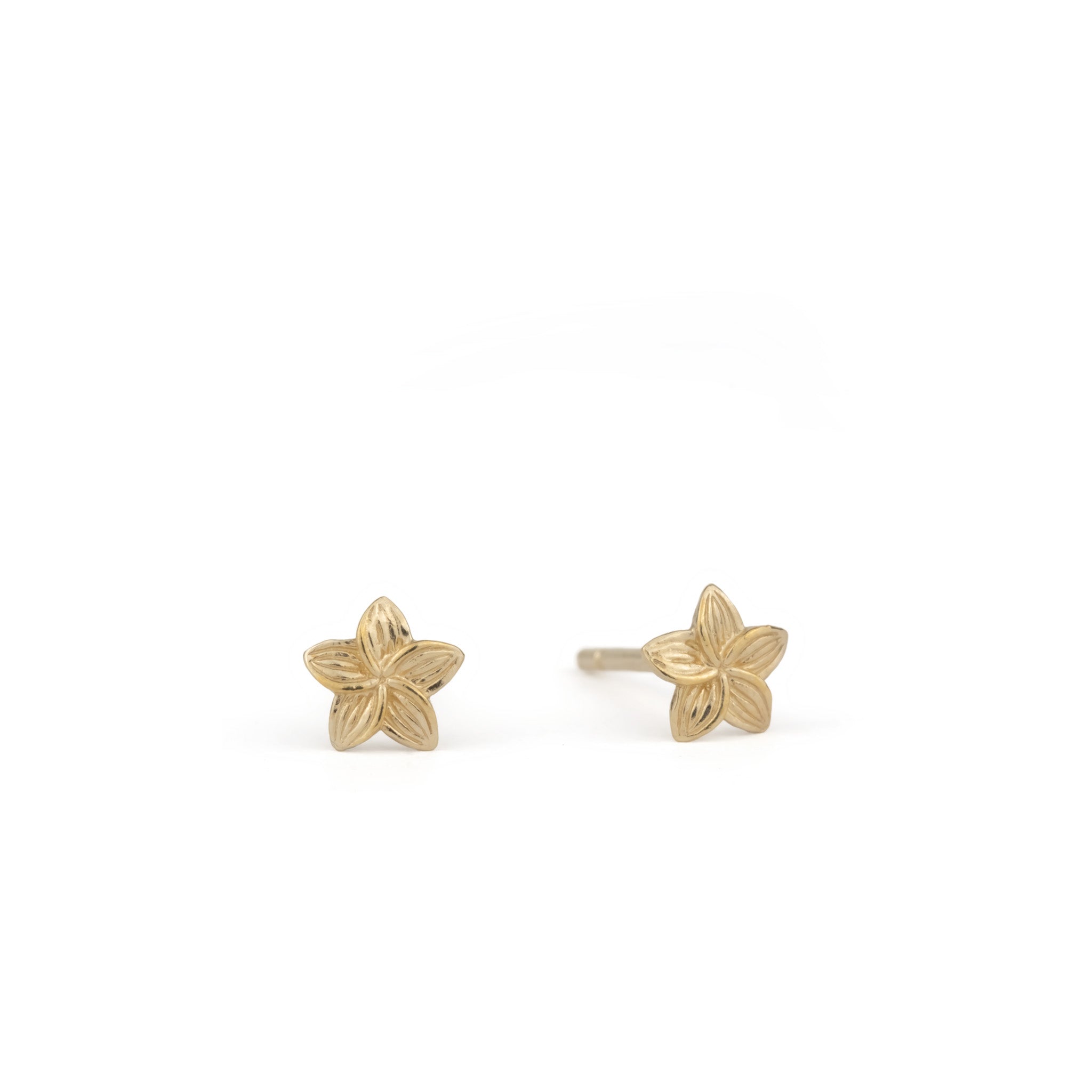 Solid gold tiny plumeria flower stud earrings, in a minimalist design, displayed on white background.