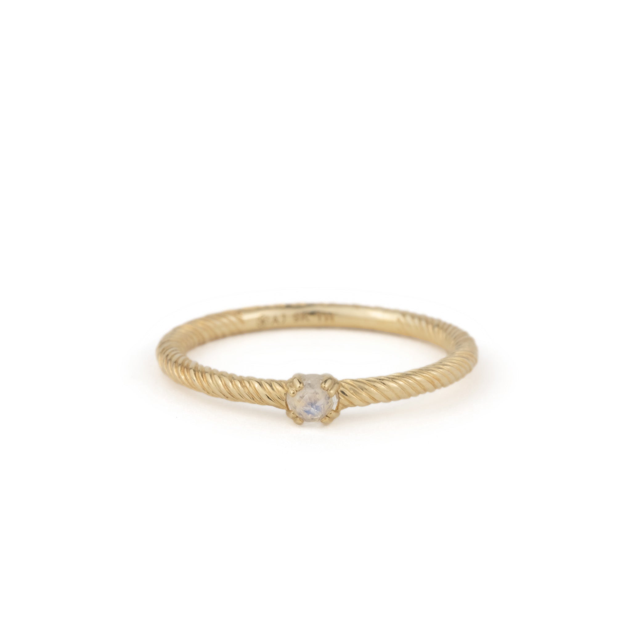 Minimalist solid gold stackable ring with twisted texture, rose cut faceted rainbow moonstone, displayed on white background.