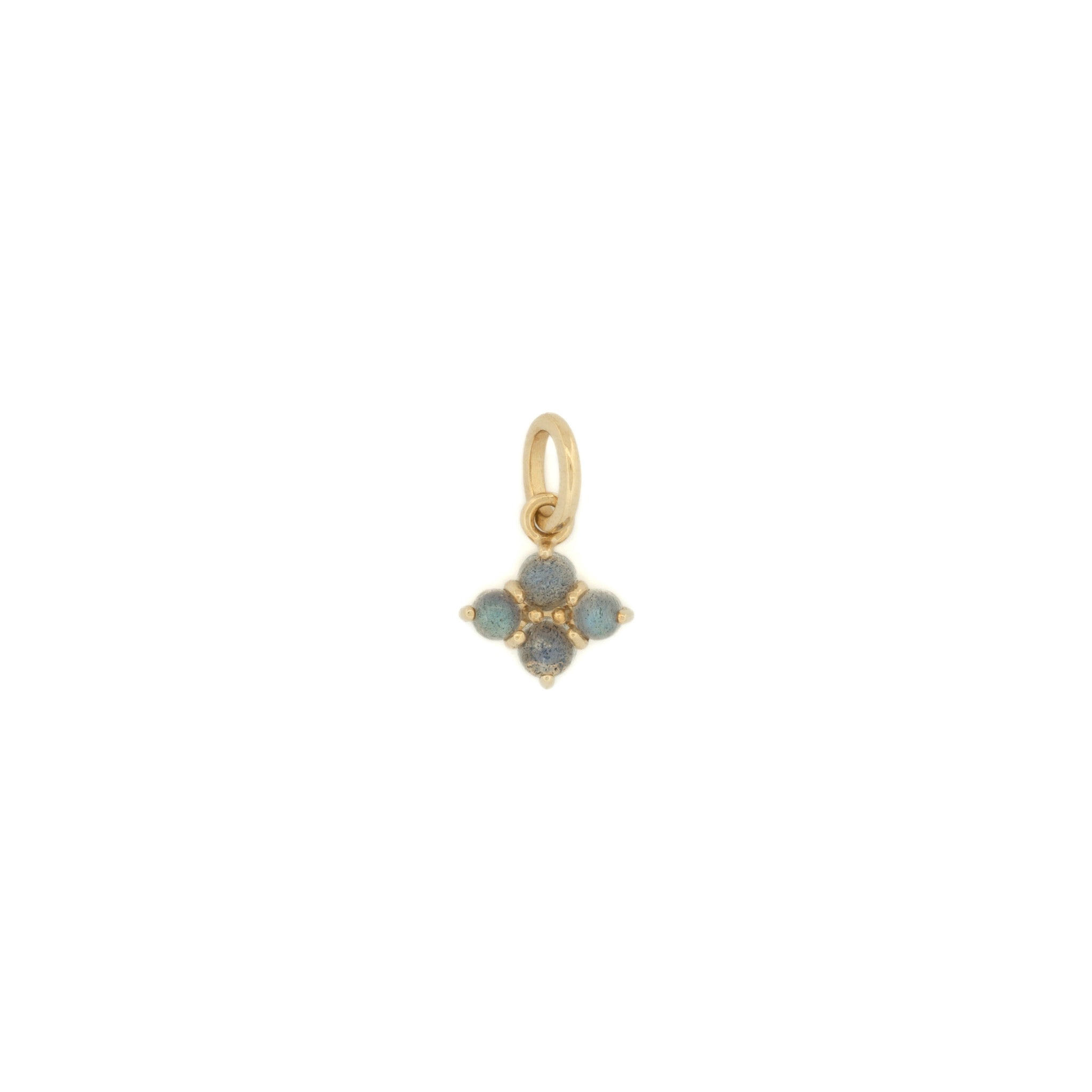Solid gold small charm pendant with cabochon labradorites, in a minimalist design, displayed on white background.