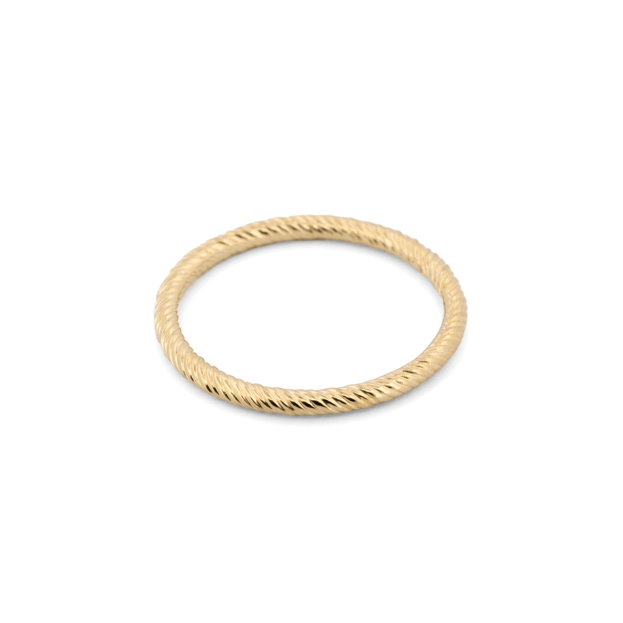 A 9k yellow gold Aiden Jae Banyan Thin Band Ring with twisted texture on a white background.