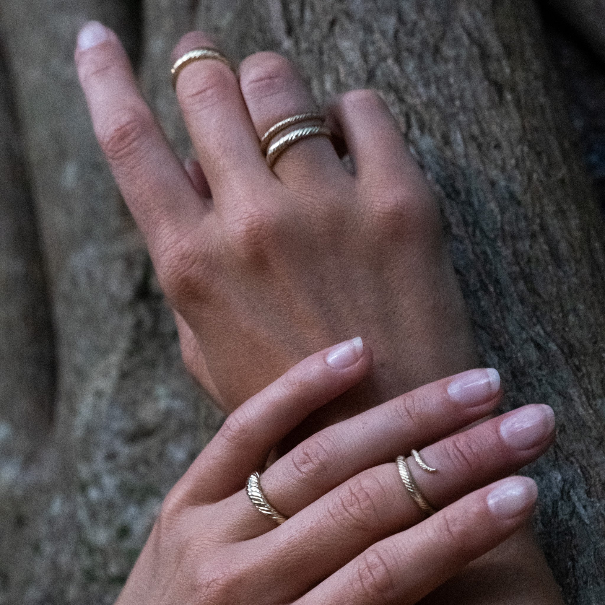 A woman's hands wearing the Aiden Jae Banyan Wrap Ring, resting on a tree trunk.