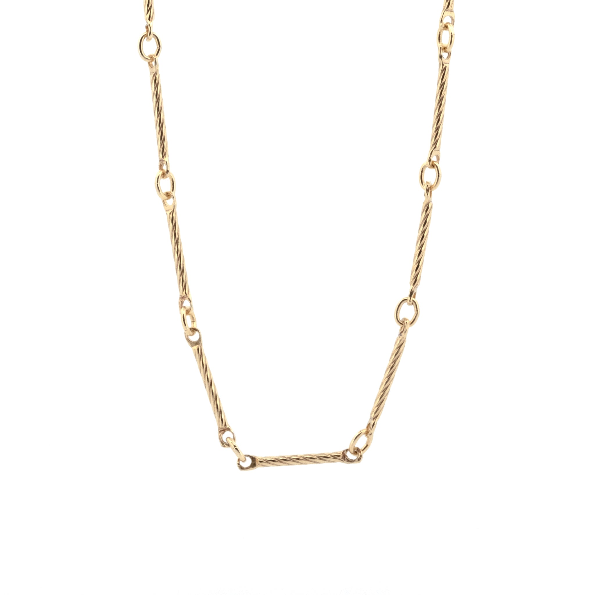 Minimalist solid gold bar chain necklace with twisted texture, displayed on a white background.