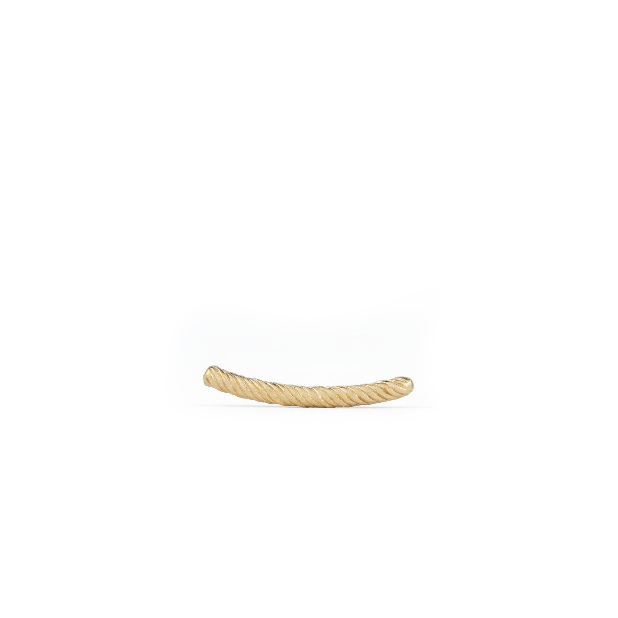 Single solid gold bar stud earring with twisted texture and curved minimalist design, displayed on a white background.