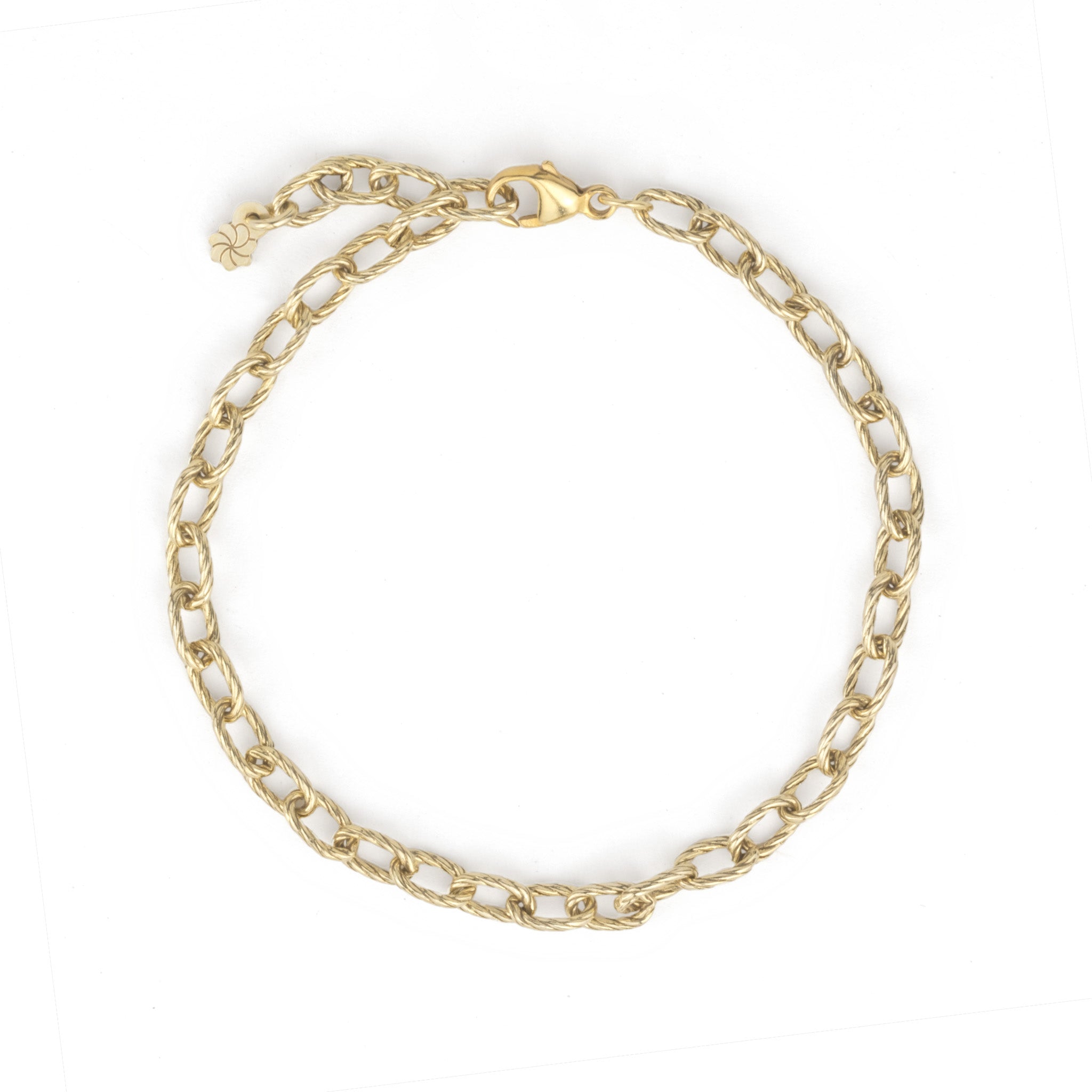 Solid gold cable chain bracelet with twisted texture, lobster clasp, and adjustable length closure on a white background.