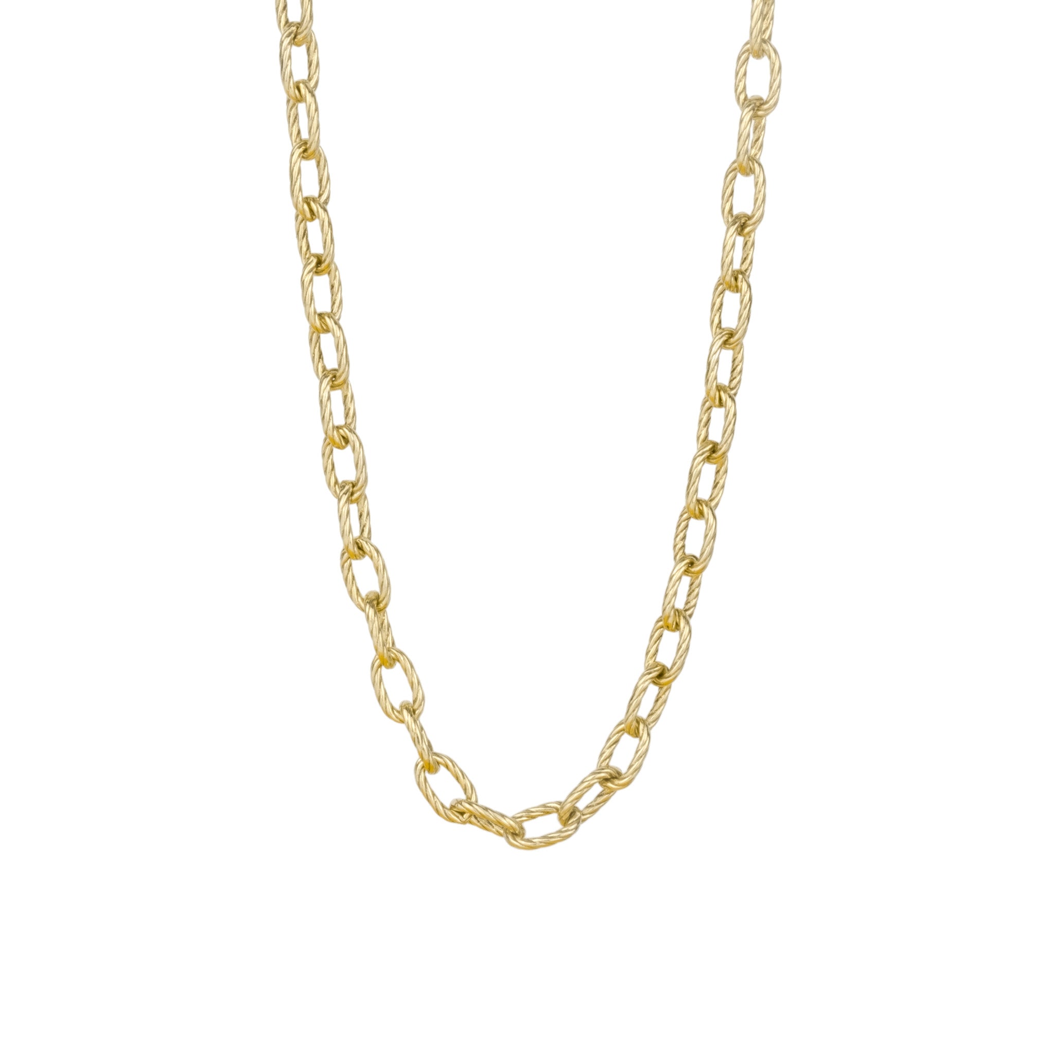 Solid gold cable chain necklace with twisted texture and bold links, displayed on a white background.
