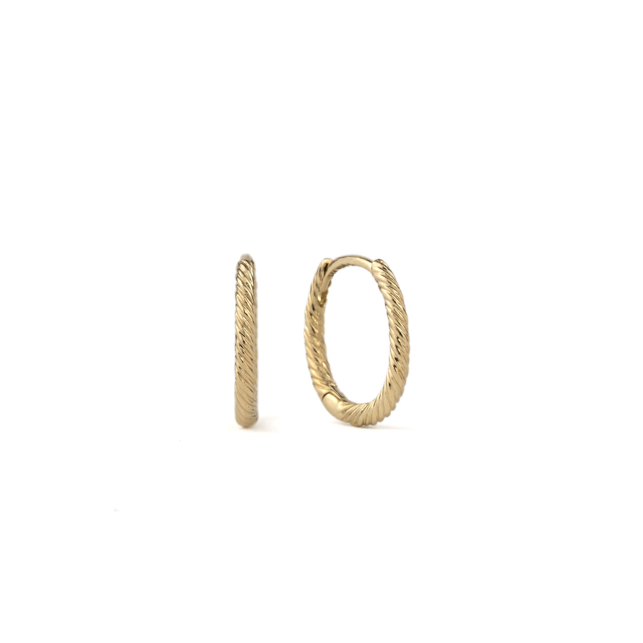Solid gold hoop earrings with oval shape, twisted texture, and minimalist design, displayed against white background.
