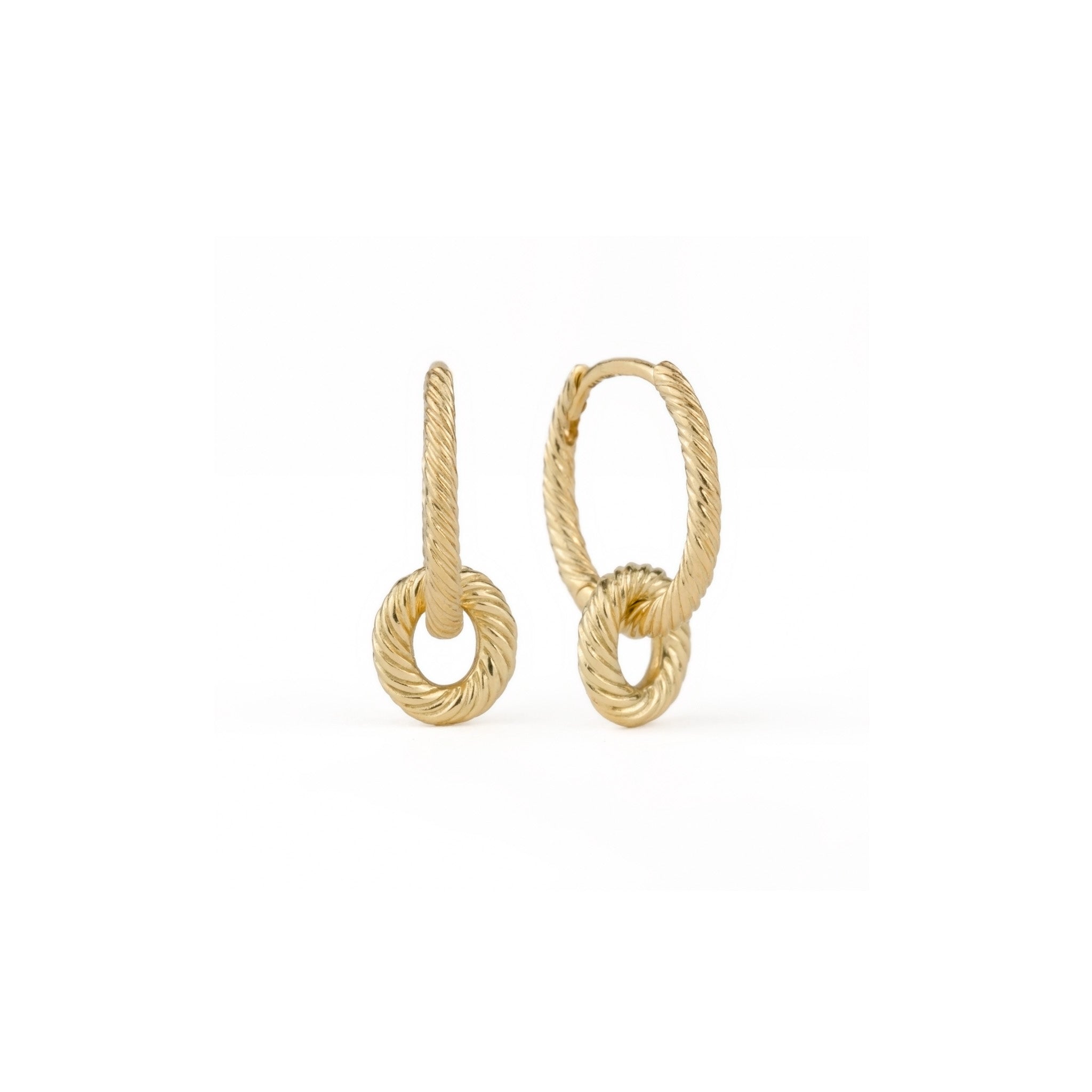 Solid gold hoop earrings with removable link charms, twisted texture, and minimalist design, displayed on white background.