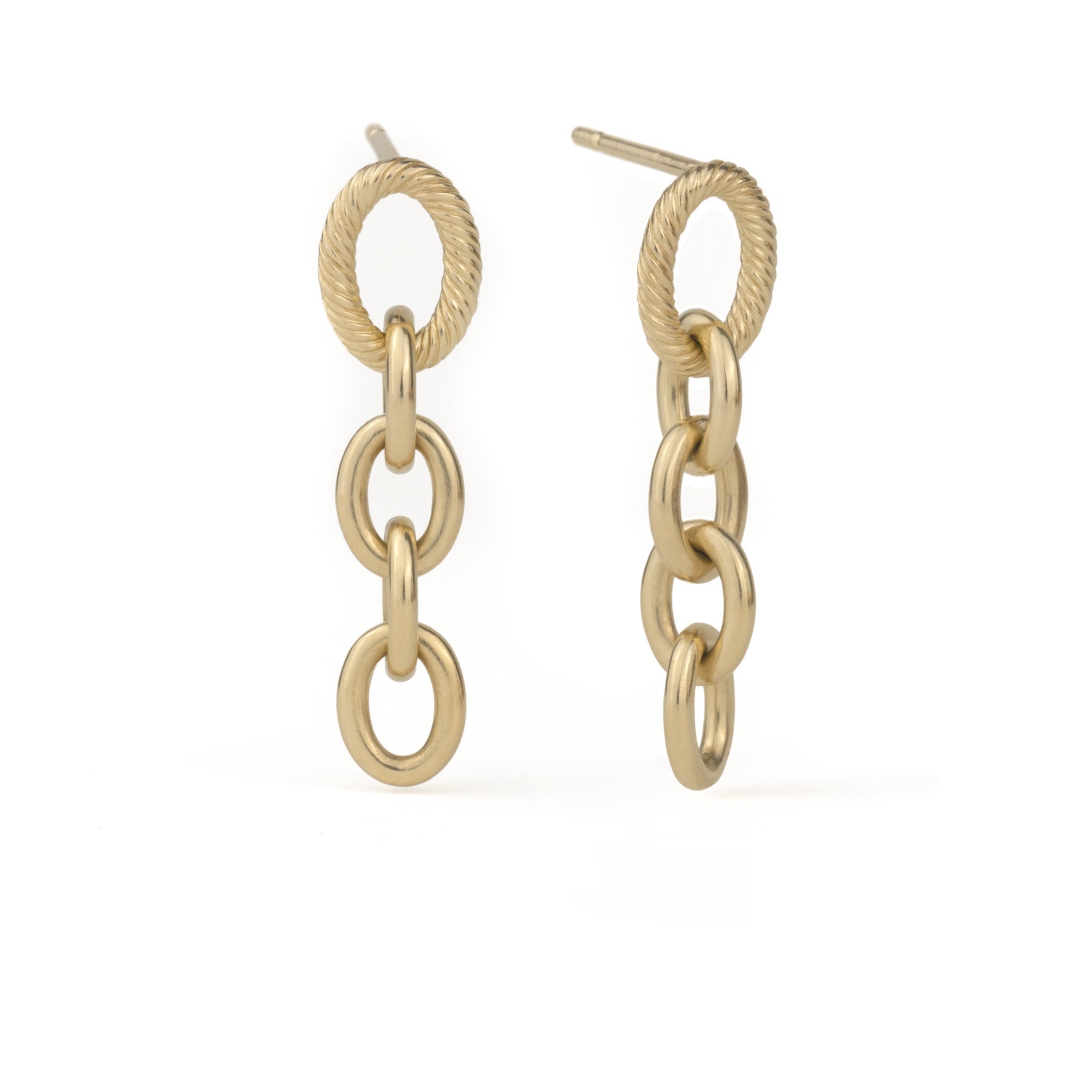Long solid gold dangle earrings with twisted texture and polished oval cable chain links, on white background.