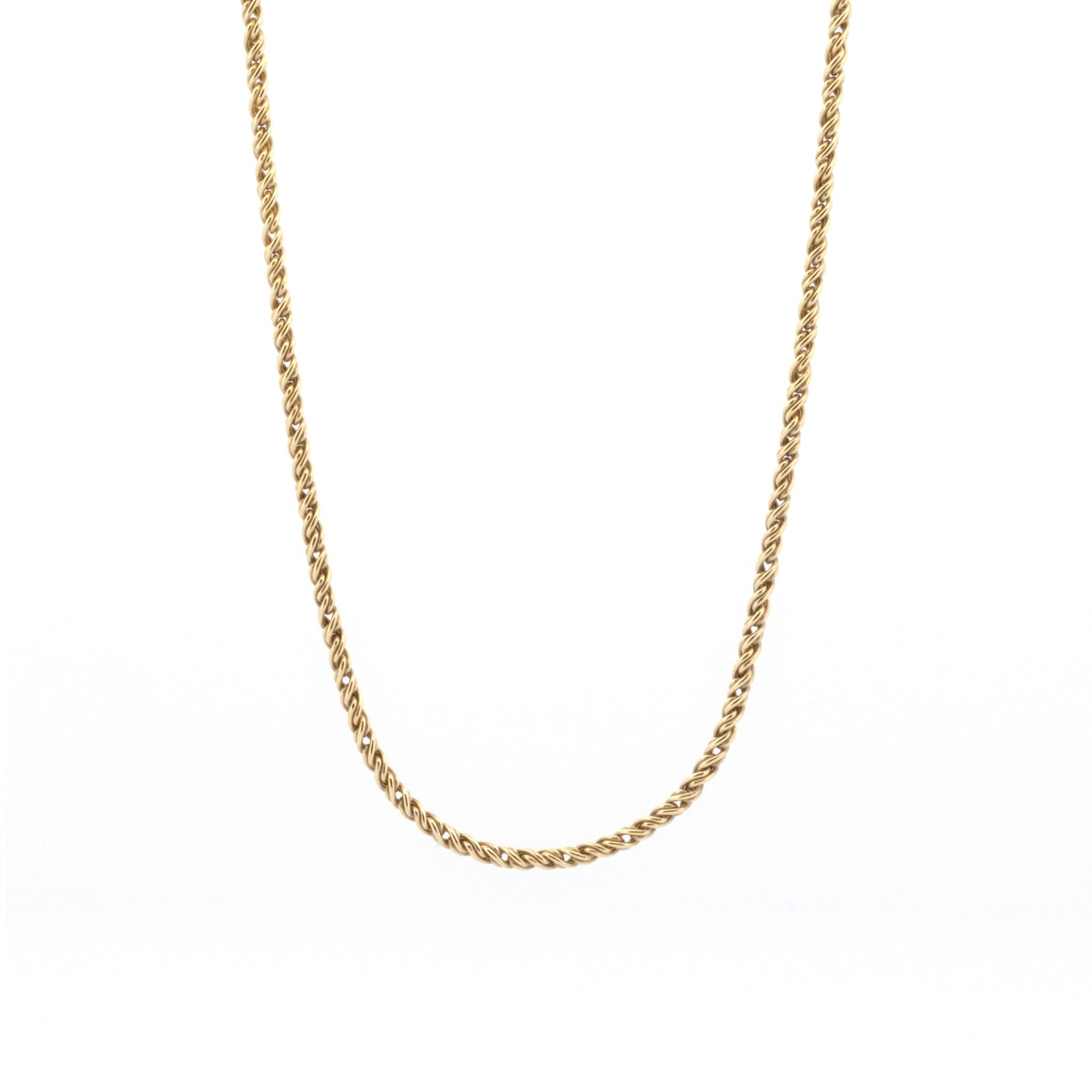 Solid gold rope chain necklace with tightly twisted links, displayed on white background.
