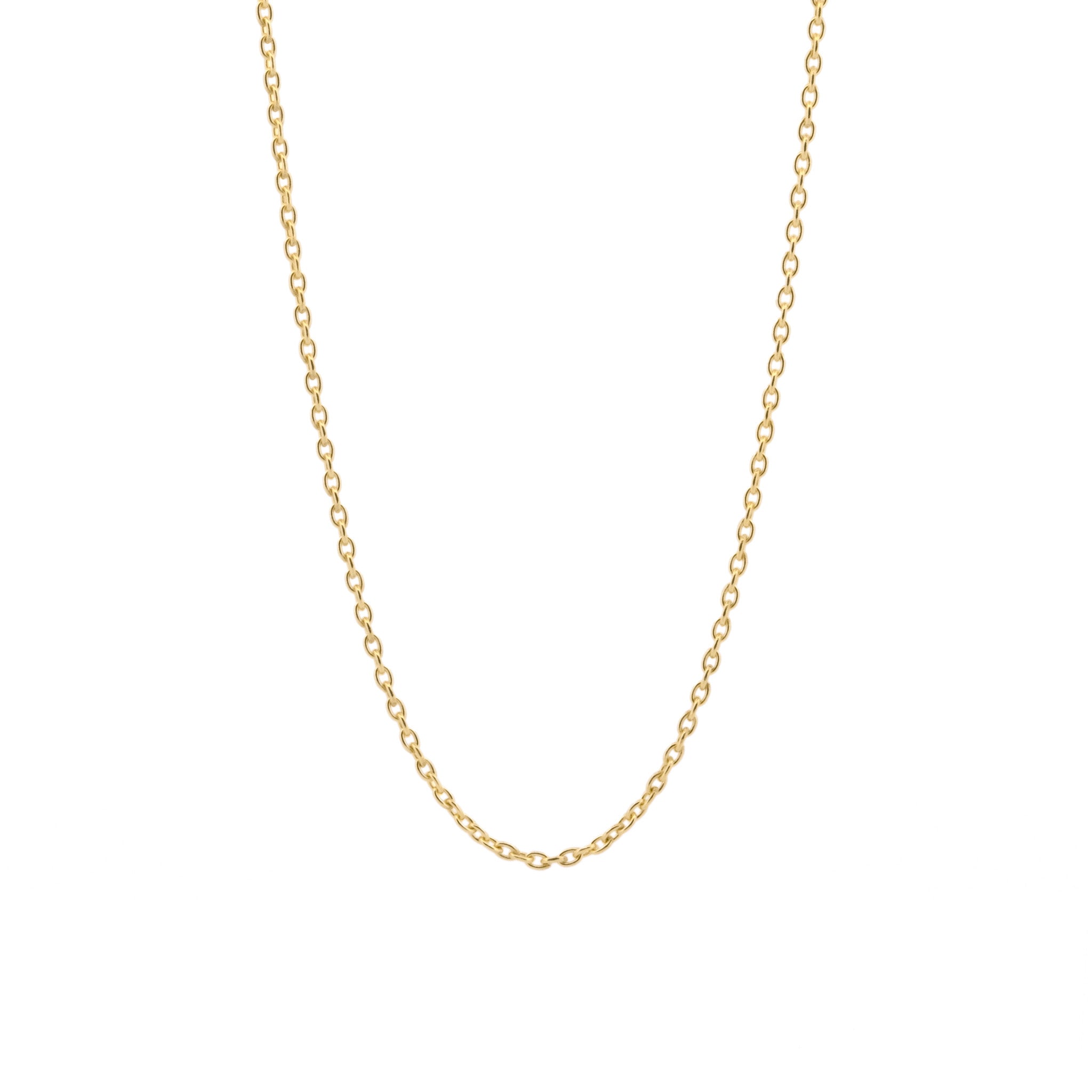 Solid gold cable chain pendant necklace hanging against white background.