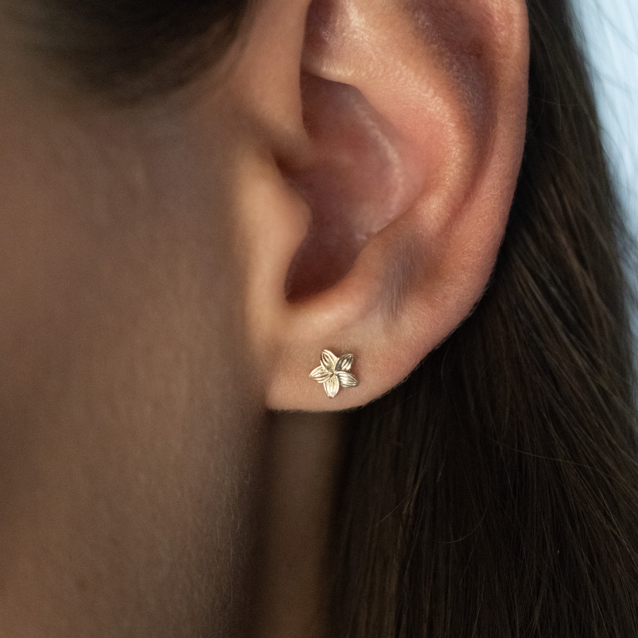 Solid gold tiny plumeria flower stud earring, in a minimalist design, worn on ear.